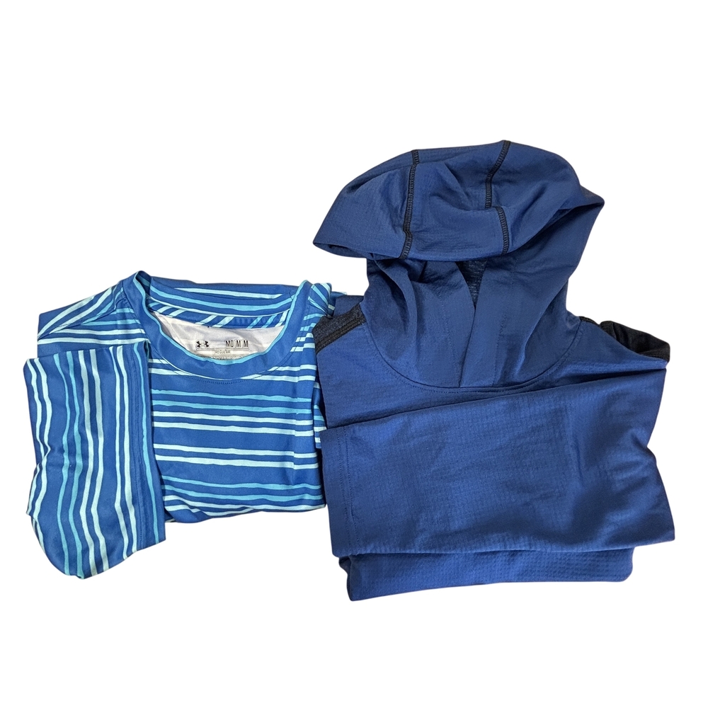 Under Armour Shirt Hoodie Mens Medium HeatGear ColdGear Blue Striped Lot of 2